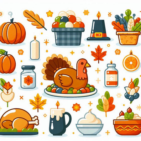 Thanksgiving day seamless pattern with turkey and pumpkin. Vector illustration.のイラスト素材