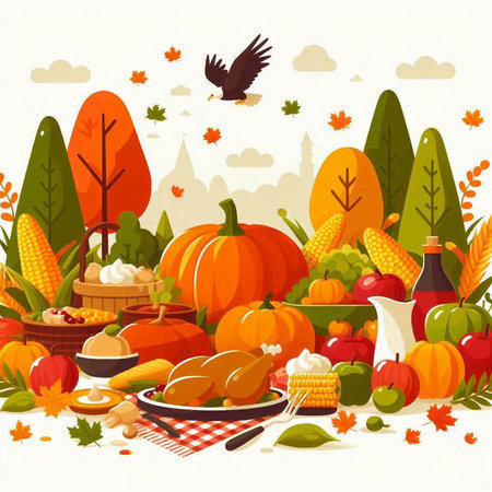 Thanksgiving day vector illustration with pumpkins, autumn leaves and food.のイラスト素材
