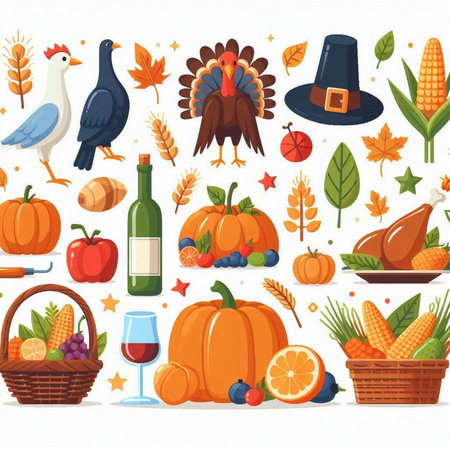 Thanksgiving day background with traditional symbols of turkey, pumpkins, turkey, pumpkin, hat, wine, corn, maple leaves and other objects. Vector illustration.のイラスト素材