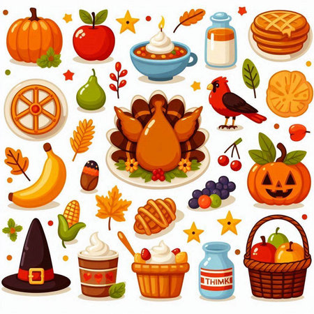 Thanksgiving day food icons set. Cartoon illustration of 16 thanksgiving food icons for webのイラスト素材