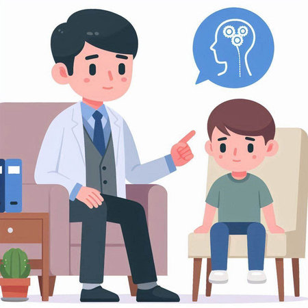 Illustration of a Kid Boy Talking to a Doctor While Sitting on a Couchのイラスト素材