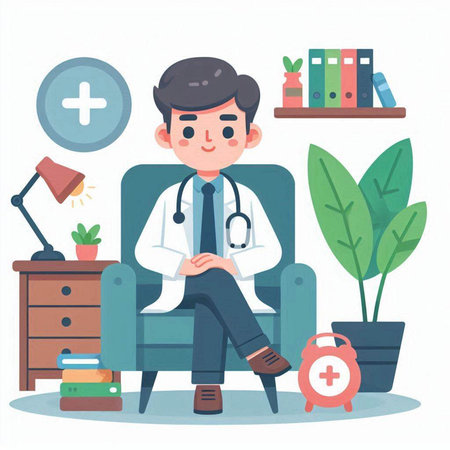 Doctor sitting in armchair with stethoscope. Flat style vector illustration.のイラスト素材