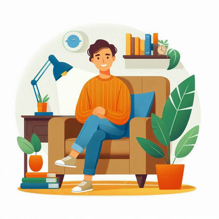 Young man sitting on sofa and reading book. Flat vector illustration.のイラスト素材