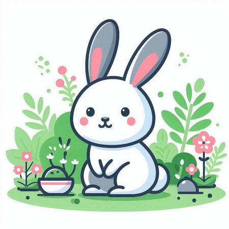 Cute cartoon bunny sitting on the grass with flowers. Vector illustration.のイラスト素材