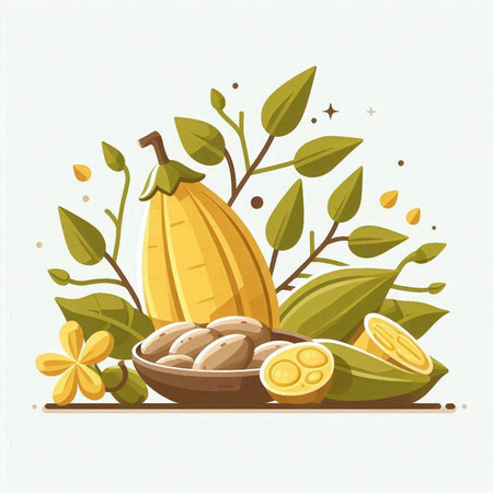 Cocoa fruit, cocoa beans and leaves. Vector illustration.のイラスト素材