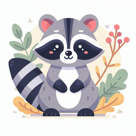 Cute raccoon vector illustration. Cute cartoon raccoon character with leaves.のイラスト素材
