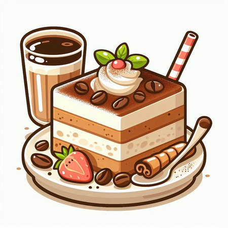 Tiramisu cake with coffee and whipped cream. Vector illustration.のイラスト素材