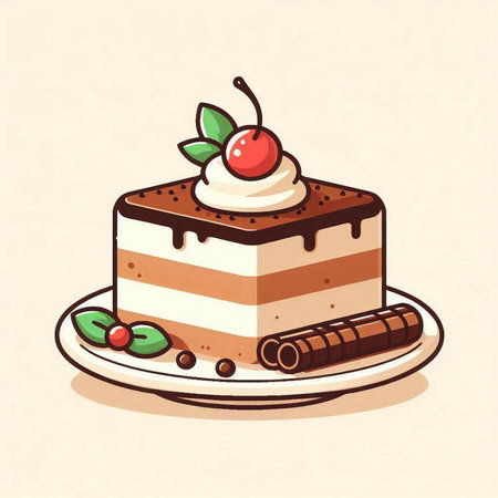 Vector illustration of a piece of cake with cream and cherry on a plateのイラスト素材