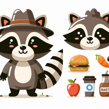 Cute raccoon with different food. Vector illustration in cartoon style.のイラスト素材