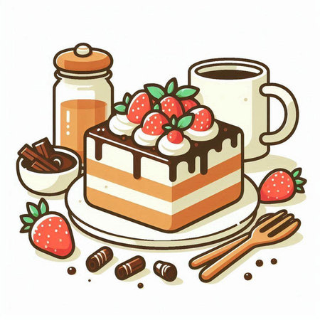 Illustration of a piece of cake with strawberries and cup of coffeeのイラスト素材