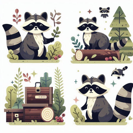 Cute raccoons and forest animals. Vector illustration in cartoon style.のイラスト素材