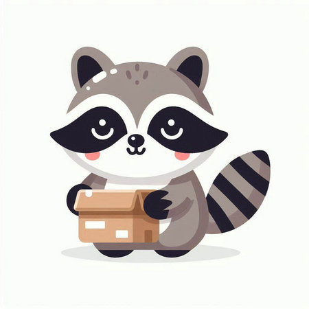 Cute raccoon holding a box. Vector illustration in cartoon style.のイラスト素材