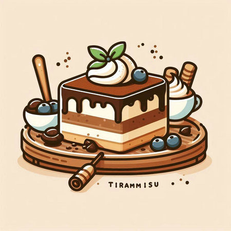 Tiramisu cake with whipped cream and blueberries. Vector illustration.のイラスト素材