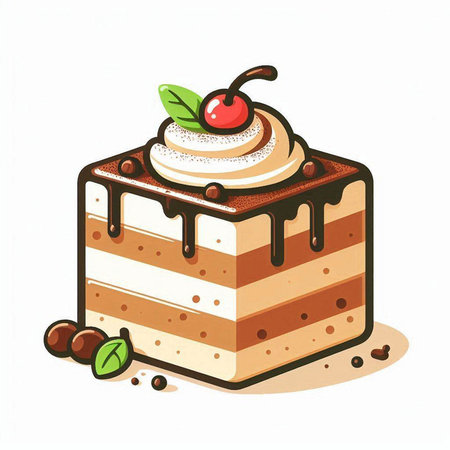 Illustration of a piece of chocolate cake with cherry on top.のイラスト素材