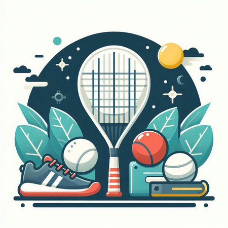 Tennis flat design concept with sport equipment. Vector illustration in retro style.のイラスト素材