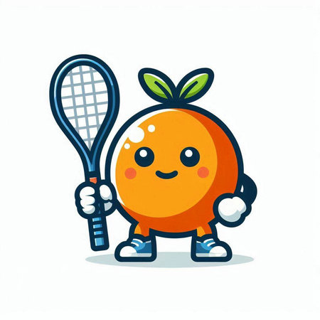 Orange fruit cartoon mascot character playing tennis with racket. Vector illustration.のイラスト素材