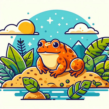 Cute cartoon frog sitting on the rock. Vector illustration in flat style.のイラスト素材