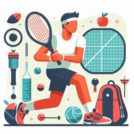 Tennis player in sportswear with racket and ball. Flat vector illustration.のイラスト素材