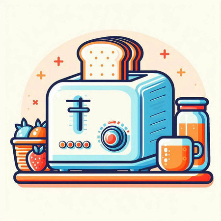 Vector illustration of a toaster with bread, juice and fruits.のイラスト素材