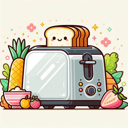Vector illustration of a toaster with fruits and vegetables in cartoon style.のイラスト素材