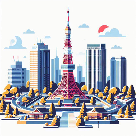 Tokyo Tower, Tokyo, Japan. Vector illustration in flat styleのイラスト素材