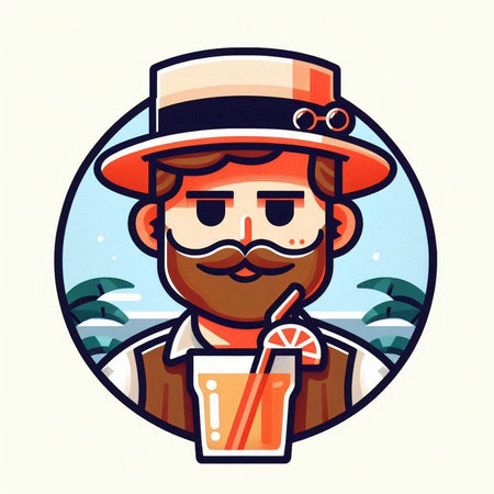 Vector illustration of a man with a mustache and a hat holding a glass of juice.のイラスト素材