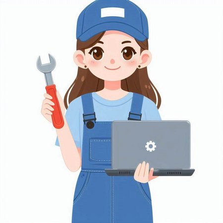 Female worker holding a wrench and a laptop. Vector illustration on white background.のイラスト素材