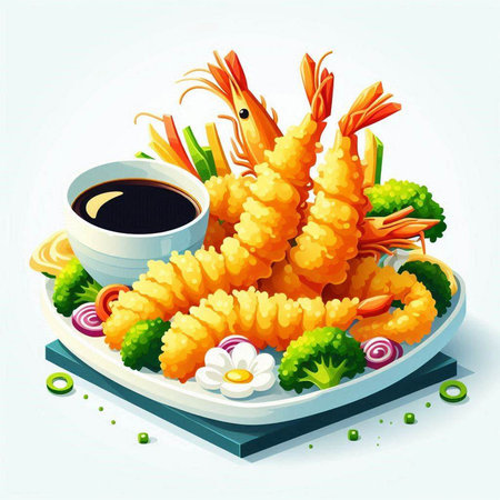 Illustration of shrimps tempura with soy sauce and vegetablesのイラスト素材