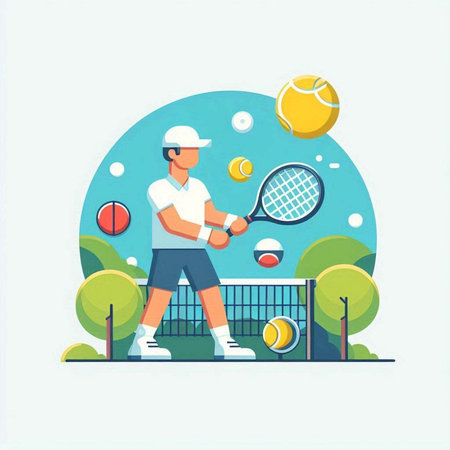 Tennis player with racket and ball. Flat style vector illustration.のイラスト素材