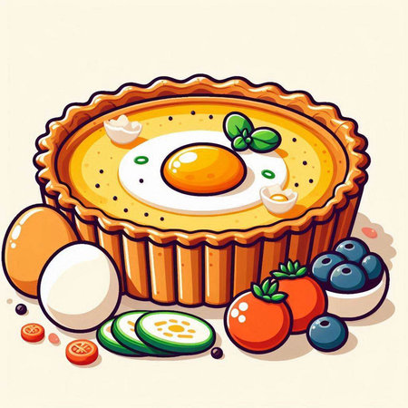 Illustration of a pie with eggs and berries on a white backgroundのイラスト素材