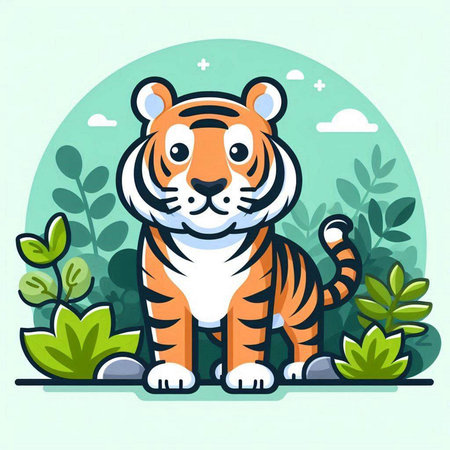 Cute tiger in the jungle. Vector illustration. Cartoon style.のイラスト素材