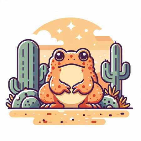 Vector illustration of a cute cartoon frog sitting in the desert with cacti.のイラスト素材
