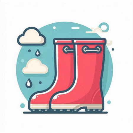 Red rubber boots with rain drops and cloud. Flat vector illustration.のイラスト素材