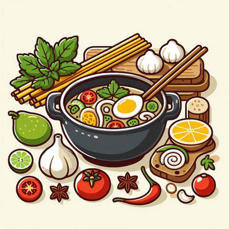 Illustration of a bowl of soup with chopsticks and ingredients.のイラスト素材