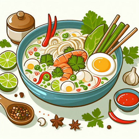 Illustration of Noodle Soup with Salmon, Eggs and Vegetablesのイラスト素材