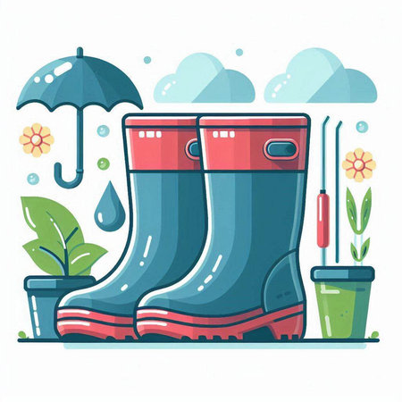 Garden rubber boots with umbrella and watering can. Vector illustration.のイラスト素材