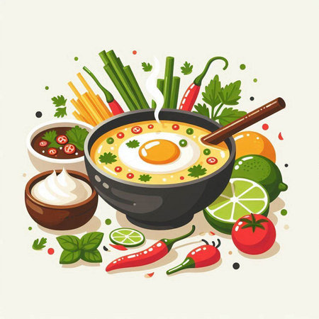 Ramen soup with egg, vegetables, herbs and spices. Vector illustration.のイラスト素材
