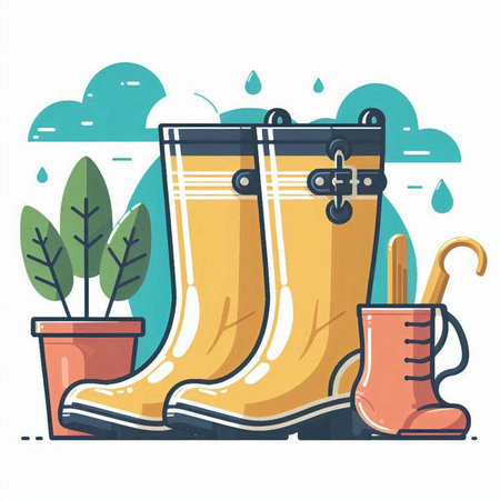 Rubber boots and gardening tools. Vector illustration in flat style.のイラスト素材