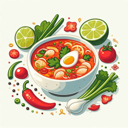 Bowl of spicy soup with vegetables and eggs. Vector illustration.のイラスト素材