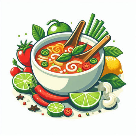 Illustration of a bowl of spicy soup with vegetables and spices.のイラスト素材