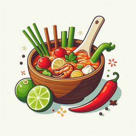 Illustration of a bowl of spicy Thai soup with shrimps, vegetables and spicesのイラスト素材