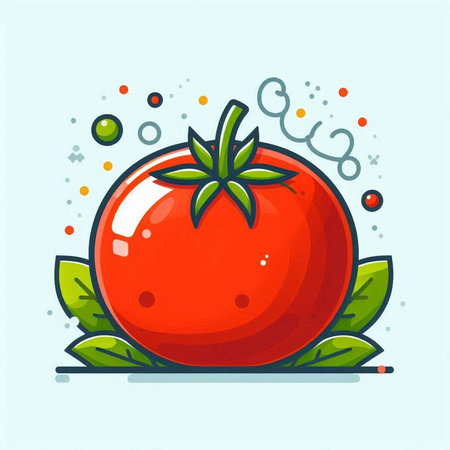 Cartoon tomato with green leaves on blue background. Vector illustration.のイラスト素材