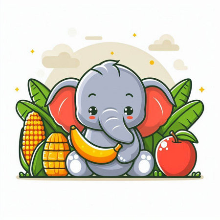 Cute baby elephant with fruits. Vector illustration of a cute animal.のイラスト素材