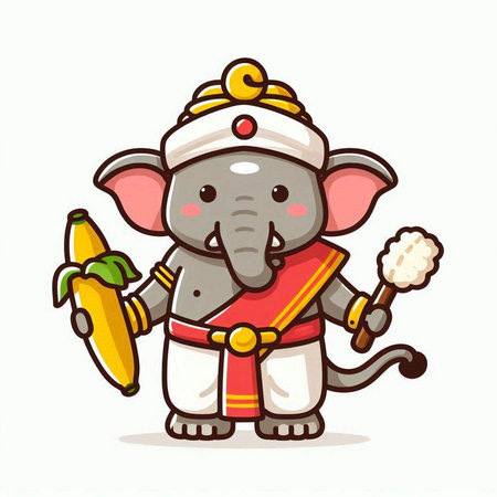 Indian elephant in traditional costume holding banana and bamboo stick. Vector illustration.のイラスト素材