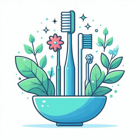 Vector illustration of a toothbrush in a bowl with leaves and flowers.のイラスト素材