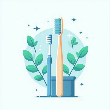 Bamboo toothbrush and toothpaste in a pot. Vector illustration.のイラスト素材