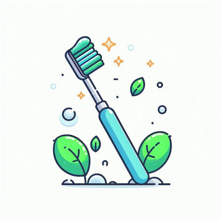 Vector illustration of toothbrush with green leaves. Flat line art style.のイラスト素材