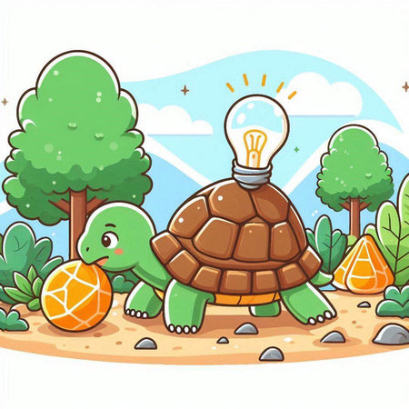 Vector illustration of Cartoon turtle and light bulb on the nature background.のイラスト素材