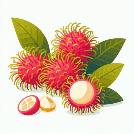 Vector illustration of rambutan with leaves and fruits on white backgroundのイラスト素材