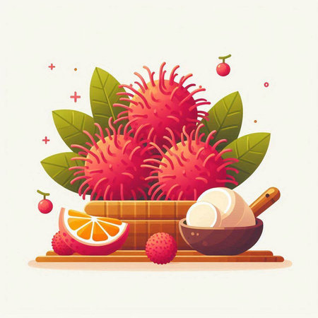 Rambutan and orange in a wooden bowl. Vector illustration.のイラスト素材